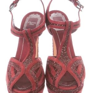 Auth RARE DIOR burgundy glitter suede platform High Heel peep toe 37 7